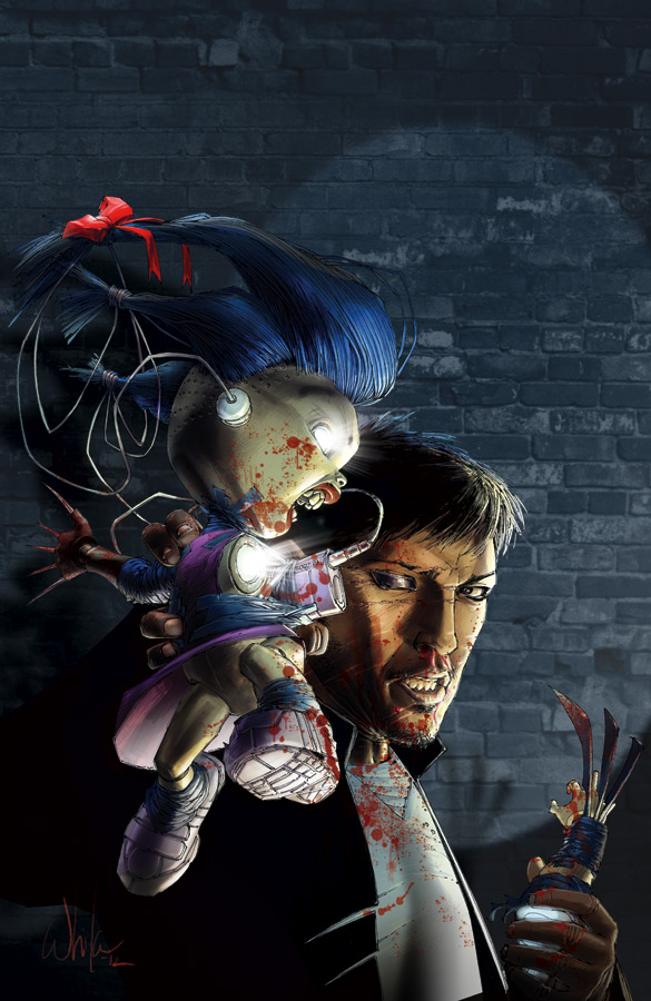 Cover of Non-Humans #1, picturing a dark-haired man with a doll with glowing eyes on his shoulder. Both are spattered in blood.